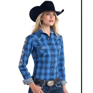 Panhandle Rough Stock Womens Blue Plaid Aztec Embroidered Western Snap Shirt M